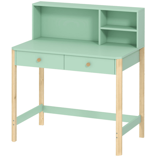 AIYAPLAY Secretária Infantil Mesa de Estudo para Crianças com 3 Compartimentos Abertos e 2 Gavetões Pés em Madeira para Estudo Entrada Quarto para Crianças de 5-12 Anos 90x52x105 cm Verde