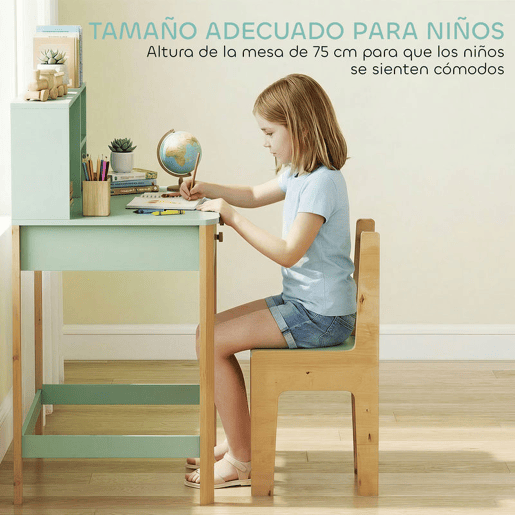 AIYAPLAY Secretária Infantil Mesa de Estudo para Crianças com 3 Compartimentos Abertos e 2 Gavetões Pés em Madeira para Estudo Entrada Quarto para Crianças de 5-12 Anos 90x52x105 cm Verde