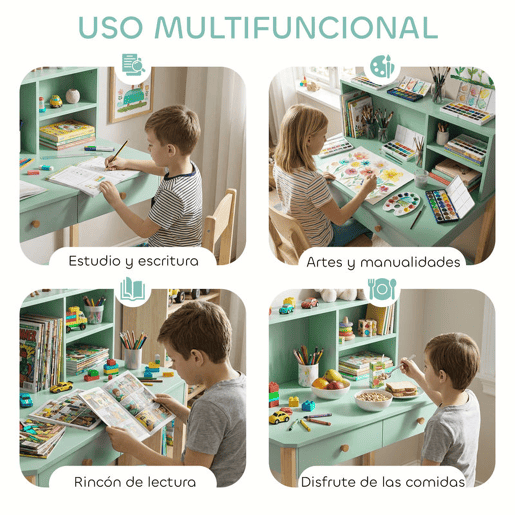 AIYAPLAY Secretária Infantil Mesa de Estudo para Crianças com 3 Compartimentos Abertos e 2 Gavetões Pés em Madeira para Estudo Entrada Quarto para Crianças de 5-12 Anos 90x52x105 cm Verde