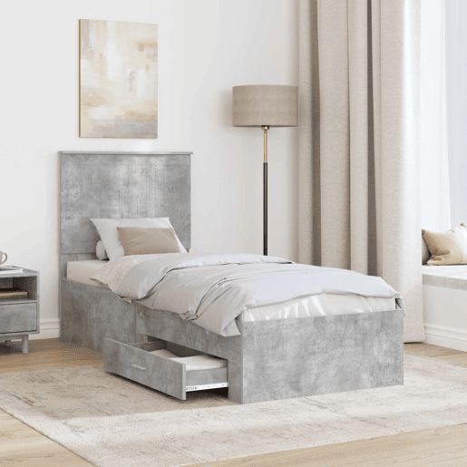 Estrutura de cama de solteiro para adultos com gaveta Cinza Concreto e Prata 70 x 190 cm