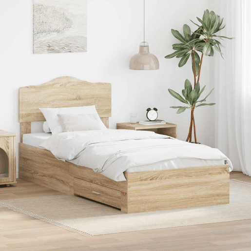 Estrutura de cama de solteiro moderno com cabeceira - Carvalho Sonoma 90 x 200 cm