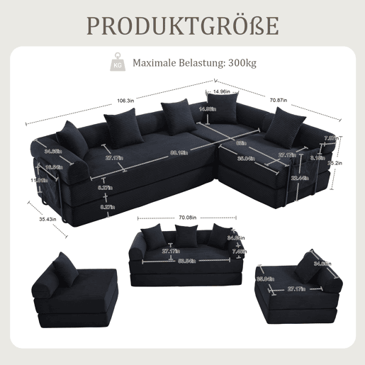 Sofá modular de 4 lugares - com arrumação, função modular, adequado para animais de estimação - Preto