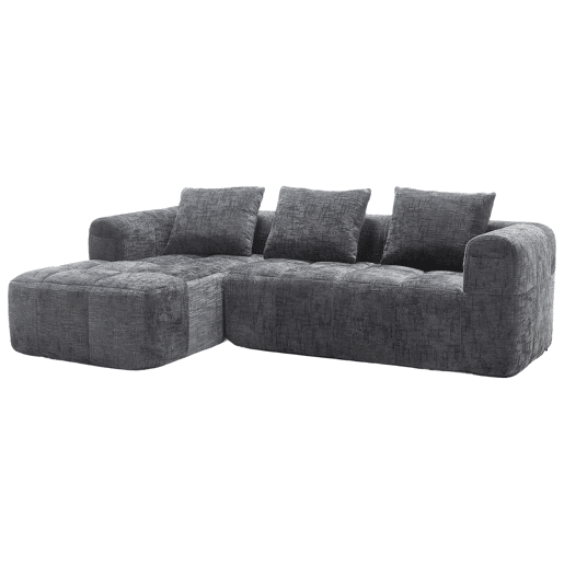 Sofá modular de 3 lugares - L-Sofa com chaise longue, 3 almofadas, bolso lateral - Cinza
