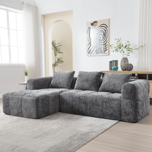 Sofá modular de 3 lugares - L-Sofa com chaise longue, 3 almofadas, bolso lateral - Cinza