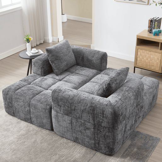 Sofá modular de 3 lugares - L-Sofa com chaise longue, 3 almofadas, bolso lateral - Cinza