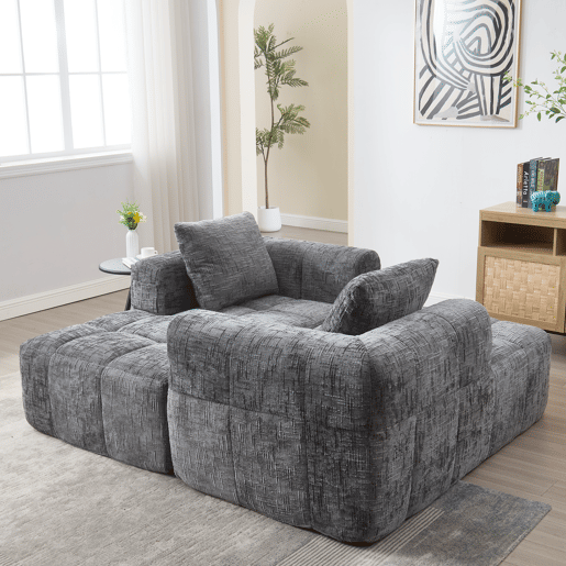 Sofá modular de 3 lugares - L-Sofa com chaise longue, 3 almofadas, bolso lateral - Cinza
