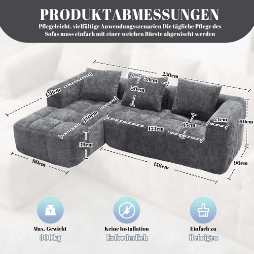 Sofá modular de 3 lugares - L-Sofa com chaise longue, 3 almofadas, bolso lateral - Cinza