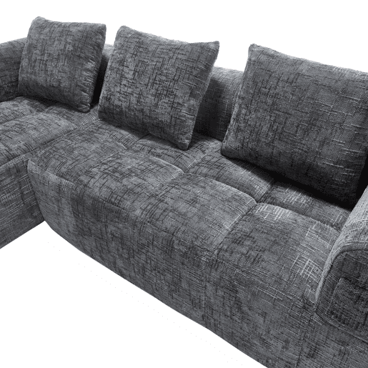 Sofá modular de 3 lugares - L-Sofa com chaise longue, 3 almofadas, bolso lateral - Cinza