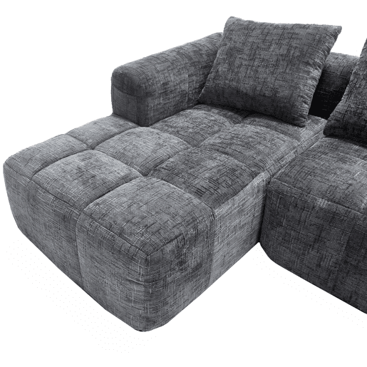 Sofá modular de 3 lugares - L-Sofa com chaise longue, 3 almofadas, bolso lateral - Cinza