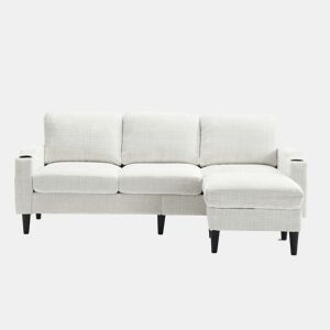 Sofá elegante de 4 lugares - com apoio para os pés, arrumação, braços confortáveis, porta-copos, bolsos laterais e pés de plástico resistentes - Bege