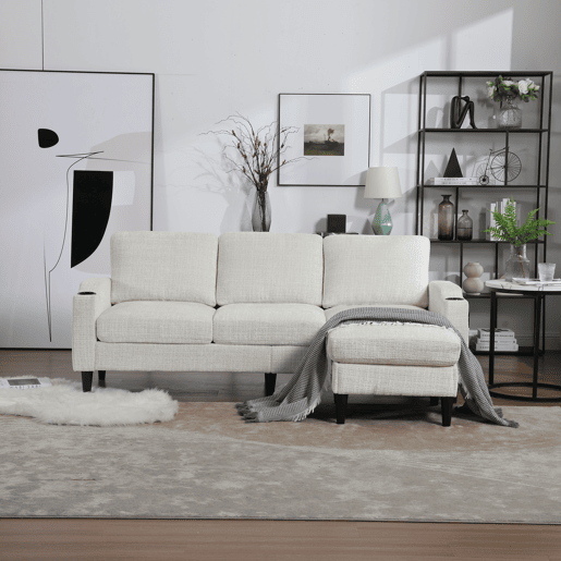 Sofá elegante de 4 lugares - com apoio para os pés, arrumação, braços confortáveis, porta-copos, bolsos laterais e pés de plástico resistentes - Bege