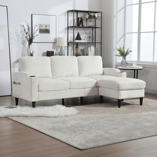 Sofá elegante de 4 lugares - com apoio para os pés, arrumação, braços confortáveis, porta-copos, bolsos laterais e pés de plástico resistentes - Bege