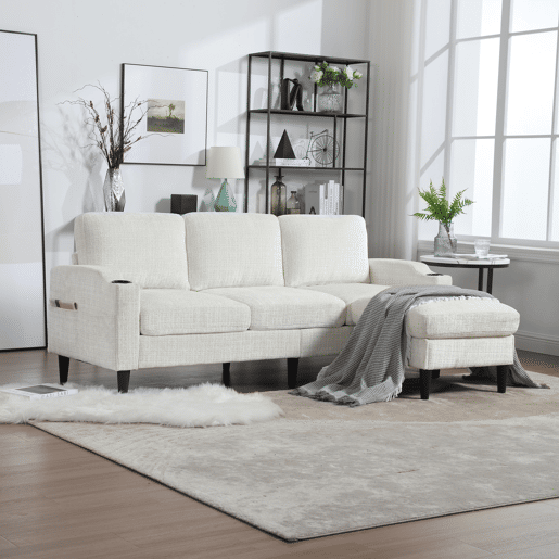 Sofá elegante de 4 lugares - com apoio para os pés, arrumação, braços confortáveis, porta-copos, bolsos laterais e pés de plástico resistentes - Bege