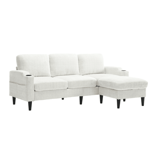 Sofá elegante de 4 lugares - com apoio para os pés, arrumação, braços confortáveis, porta-copos, bolsos laterais e pés de plástico resistentes - Bege
