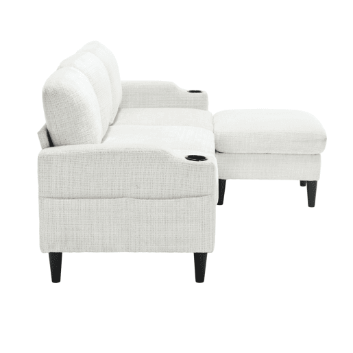 Sofá elegante de 4 lugares - com apoio para os pés, arrumação, braços confortáveis, porta-copos, bolsos laterais e pés de plástico resistentes - Bege