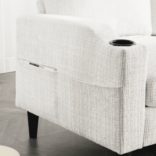 Sofá elegante de 4 lugares - com apoio para os pés, arrumação, braços confortáveis, porta-copos, bolsos laterais e pés de plástico resistentes - Bege