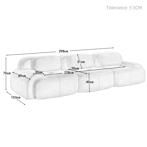 Sofá de 3 lugares - Modular, antiderrapante, sem montagem, com braços ergonómicos e enchimento elástico, Veludo cotelê - Preto