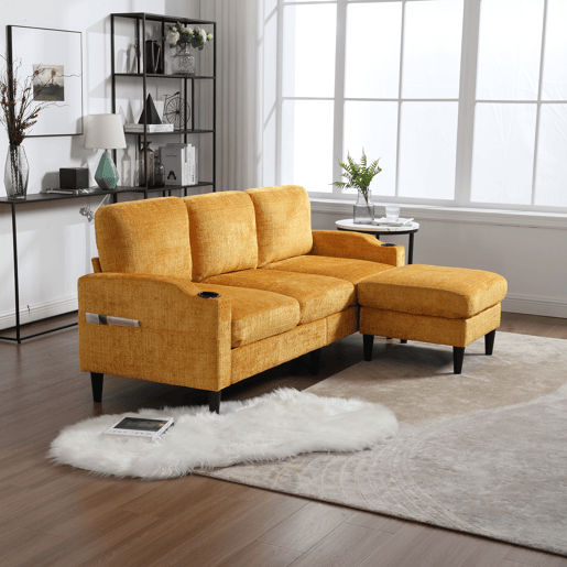 Sofá elegante de 4 lugares - com otomano, apoios de braços confortáveis, porta-copos, bolsos laterais e pés de plástico robustos - Amarelo