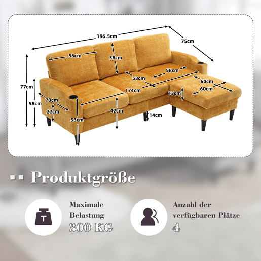 Sofá elegante de 4 lugares - com otomano, apoios de braços confortáveis, porta-copos, bolsos laterais e pés de plástico robustos - Amarelo