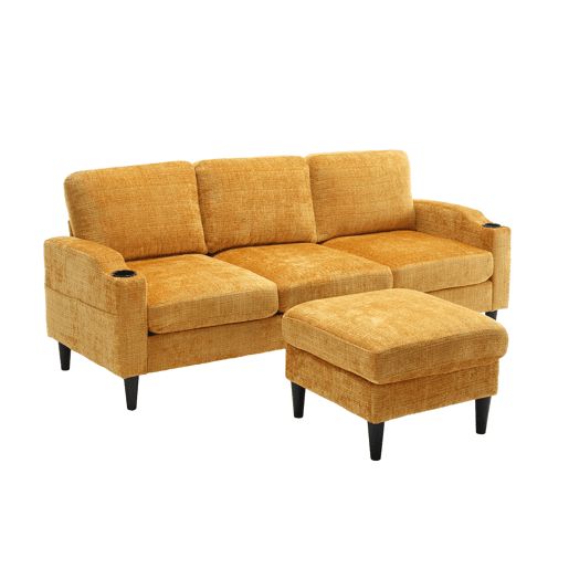 Sofá elegante de 4 lugares - com otomano, apoios de braços confortáveis, porta-copos, bolsos laterais e pés de plástico robustos - Amarelo