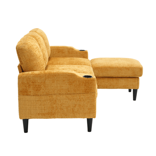 Sofá elegante de 4 lugares - com otomano, apoios de braços confortáveis, porta-copos, bolsos laterais e pés de plástico robustos - Amarelo