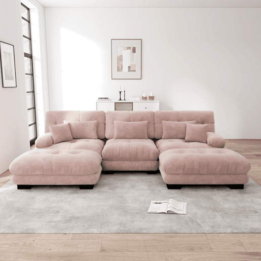 Sofá modular grande em U - Sofá Cloud com assento profundo, sofá conversível com otomano - Rosa Sofá modular grande em U - Sofá Cloud com assento profundo, sofá conversível com otomano - Rosa