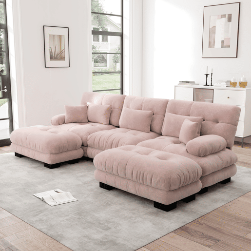 Sofá modular grande em U - Sofá Cloud com assento profundo, sofá conversível com otomano - Rosa Sofá modular grande em U - Sofá Cloud com assento profundo, sofá conversível com otomano - Rosa