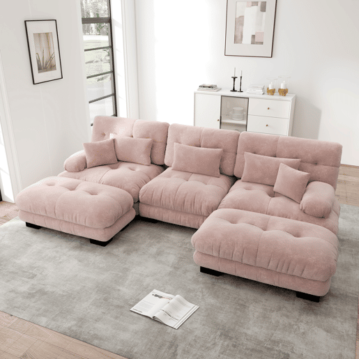 Sofá modular grande em U - Sofá Cloud com assento profundo, sofá conversível com otomano - Rosa Sofá modular grande em U - Sofá Cloud com assento profundo, sofá conversível com otomano - Rosa