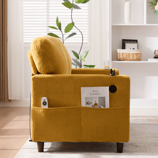 Sofá de chenille de 2 lugares - USB-C, iluminação LED, porta-copos, bolsos - Amarelo mostarda