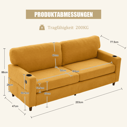Sofá de chenille de 2 lugares - USB-C, iluminação LED, porta-copos, bolsos - Amarelo mostarda