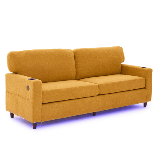 Sofá de chenille de 2 lugares - USB-C, iluminação LED, porta-copos, bolsos - Amarelo mostarda