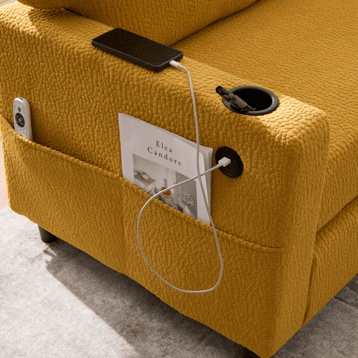 Sofá de chenille de 2 lugares - USB-C, iluminação LED, porta-copos, bolsos - Amarelo mostarda