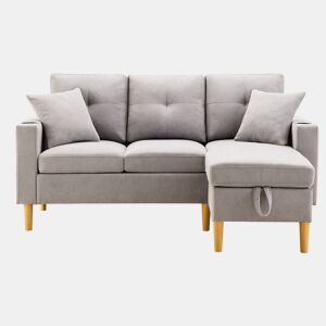 Sofá em L de 3 lugares - Com chaise longue, arrumação, porta-copos, 2 almofadas incluídas - Cinza claro