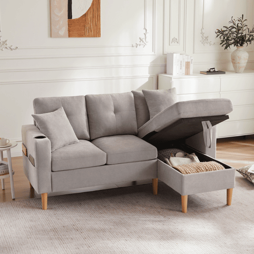 Sofá em L de 3 lugares - Com chaise longue, arrumação, porta-copos, 2 almofadas incluídas - Cinza claro