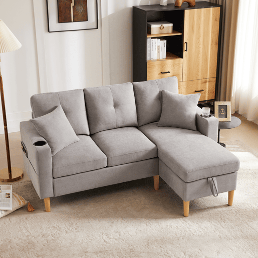 Sofá em L de 3 lugares - Com chaise longue, arrumação, porta-copos, 2 almofadas incluídas - Cinza claro
