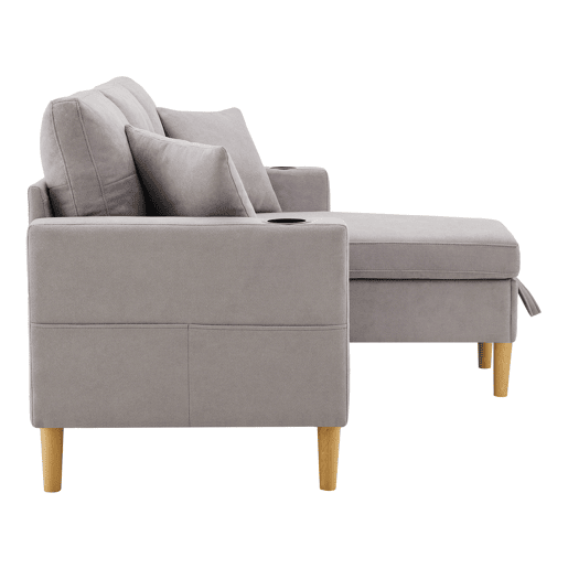 Sofá em L de 3 lugares - Com chaise longue, arrumação, porta-copos, 2 almofadas incluídas - Cinza claro