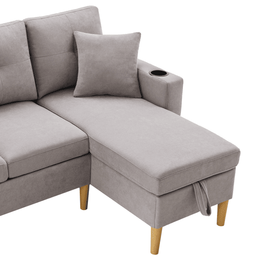Sofá em L de 3 lugares - Com chaise longue, arrumação, porta-copos, 2 almofadas incluídas - Cinza claro