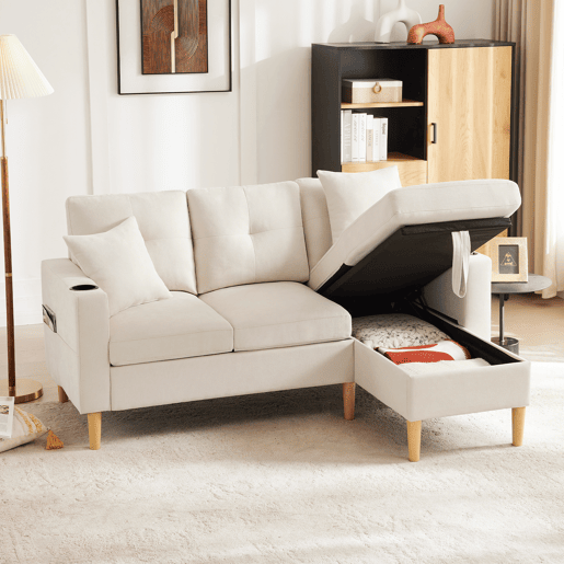 Sofá em L de 3 lugares - Com chaise longue, arrumação, porta-copos integrado, inclui 2 almofadas - Ideal para sala de estar, escritório, apartamento