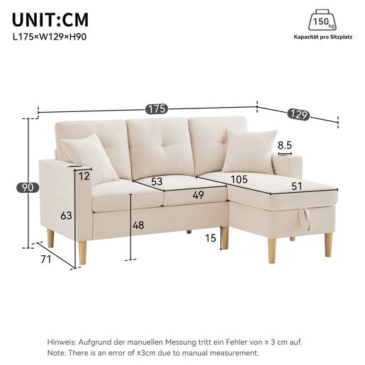 Sofá em L de 3 lugares - Com chaise longue, arrumação, porta-copos integrado, inclui 2 almofadas - Ideal para sala de estar, escritório, apartamento