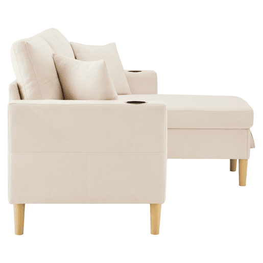 Sofá em L de 3 lugares - Com chaise longue, arrumação, porta-copos integrado, inclui 2 almofadas - Ideal para sala de estar, escritório, apartamento