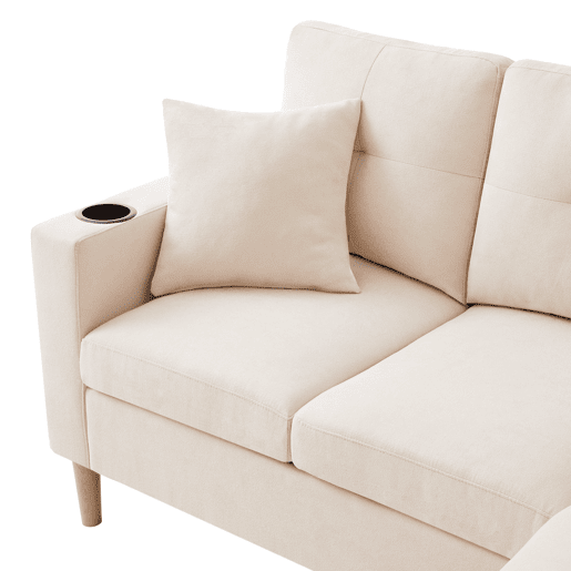 Sofá em L de 3 lugares - Com chaise longue, arrumação, porta-copos integrado, inclui 2 almofadas - Ideal para sala de estar, escritório, apartamento