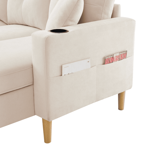 Sofá em L de 3 lugares - Com chaise longue, arrumação, porta-copos integrado, inclui 2 almofadas - Ideal para sala de estar, escritório, apartamento