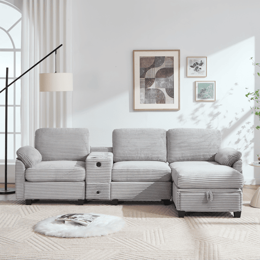 Sofá Cord 3 lugares - Conforto em espuma, consola central removível, USB-C, arrumação - Cinza claro