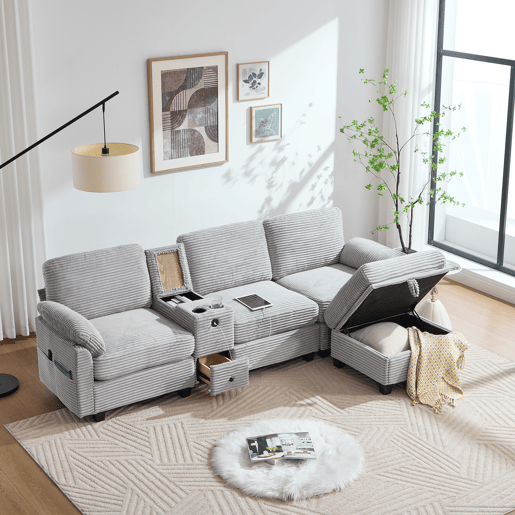 Sofá Cord 3 lugares - Conforto em espuma, consola central removível, USB-C, arrumação - Cinza claro