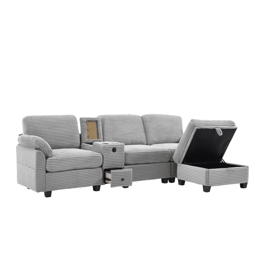 Sofá Cord 3 lugares - Conforto em espuma, consola central removível, USB-C, arrumação - Cinza claro
