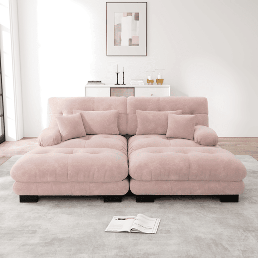 Sofá de canto Cloud 2 lugares - Chenille com 2 almofadas lombares e 2 almofadas decorativas, com 2 pufes - Rosa