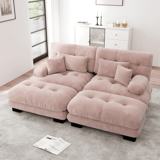 Sofá de canto Cloud 2 lugares - Chenille com 2 almofadas lombares e 2 almofadas decorativas, com 2 pufes - Rosa
