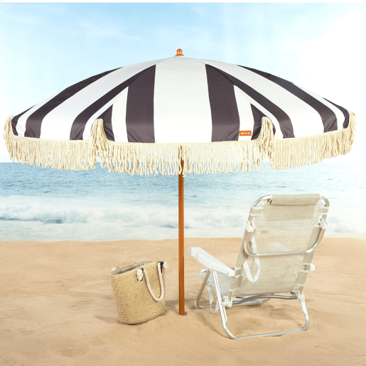 Aktive Guarda-sol de praia, 8 varetas, 200 cm, estampa em preto e branco com franjas Aktive Guarda-sol de praia, 8 varetas, 200 cm, estampa em preto e branco com franjas