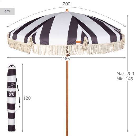 Aktive Guarda-sol de praia, 8 varetas, 200 cm, estampa em preto e branco com franjas Aktive Guarda-sol de praia, 8 varetas, 200 cm, estampa em preto e branco com franjas