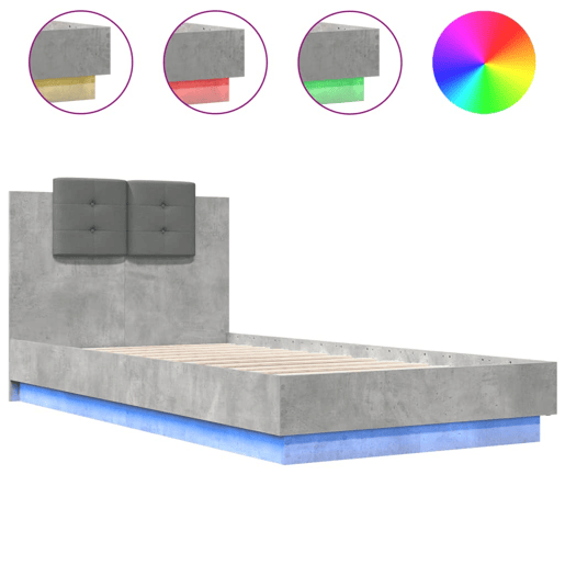 Estrutura de cama de solteiro moderno c cabeceiraluzes LED 75x190cm cinza cimento